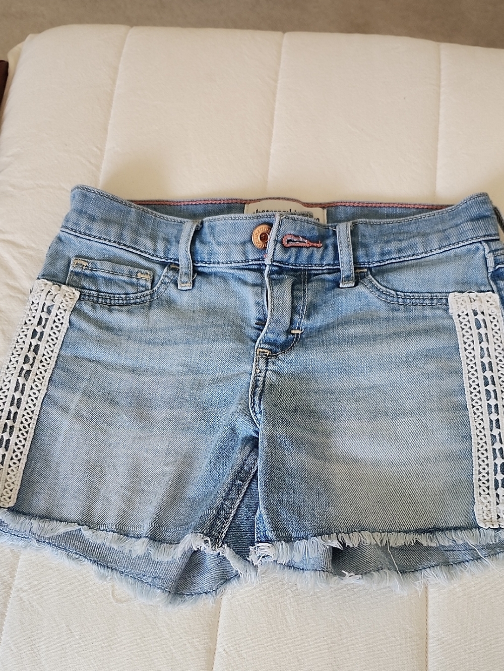 abercrombie kids Light Blue Denim Shorts with White Crochet Trim